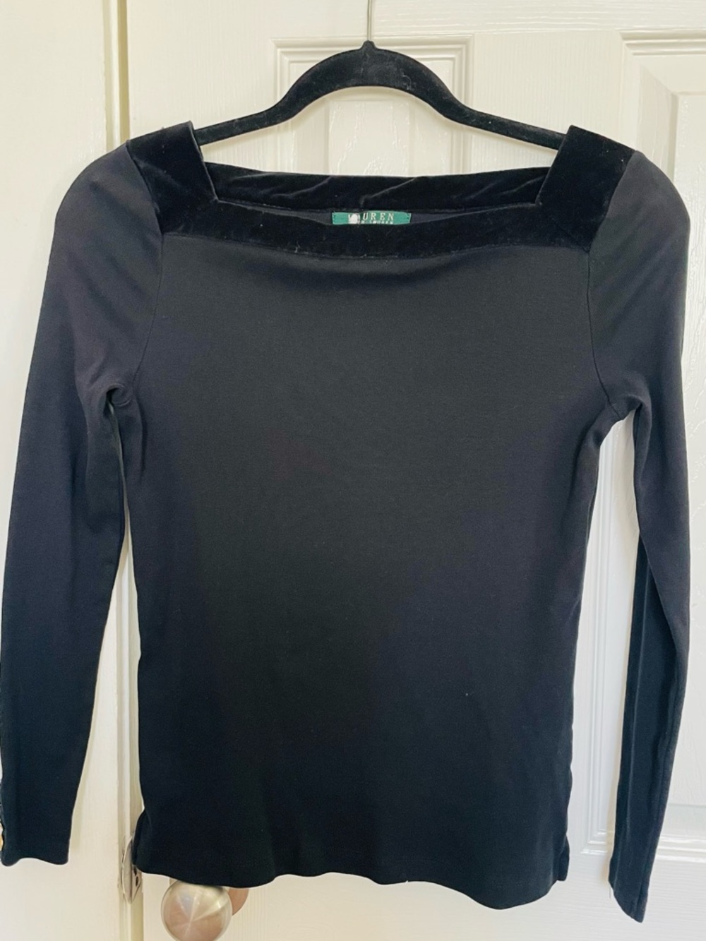 Lauren Ralph Lauren Black Velvet-Trim Square Neck Long Sleeve Top